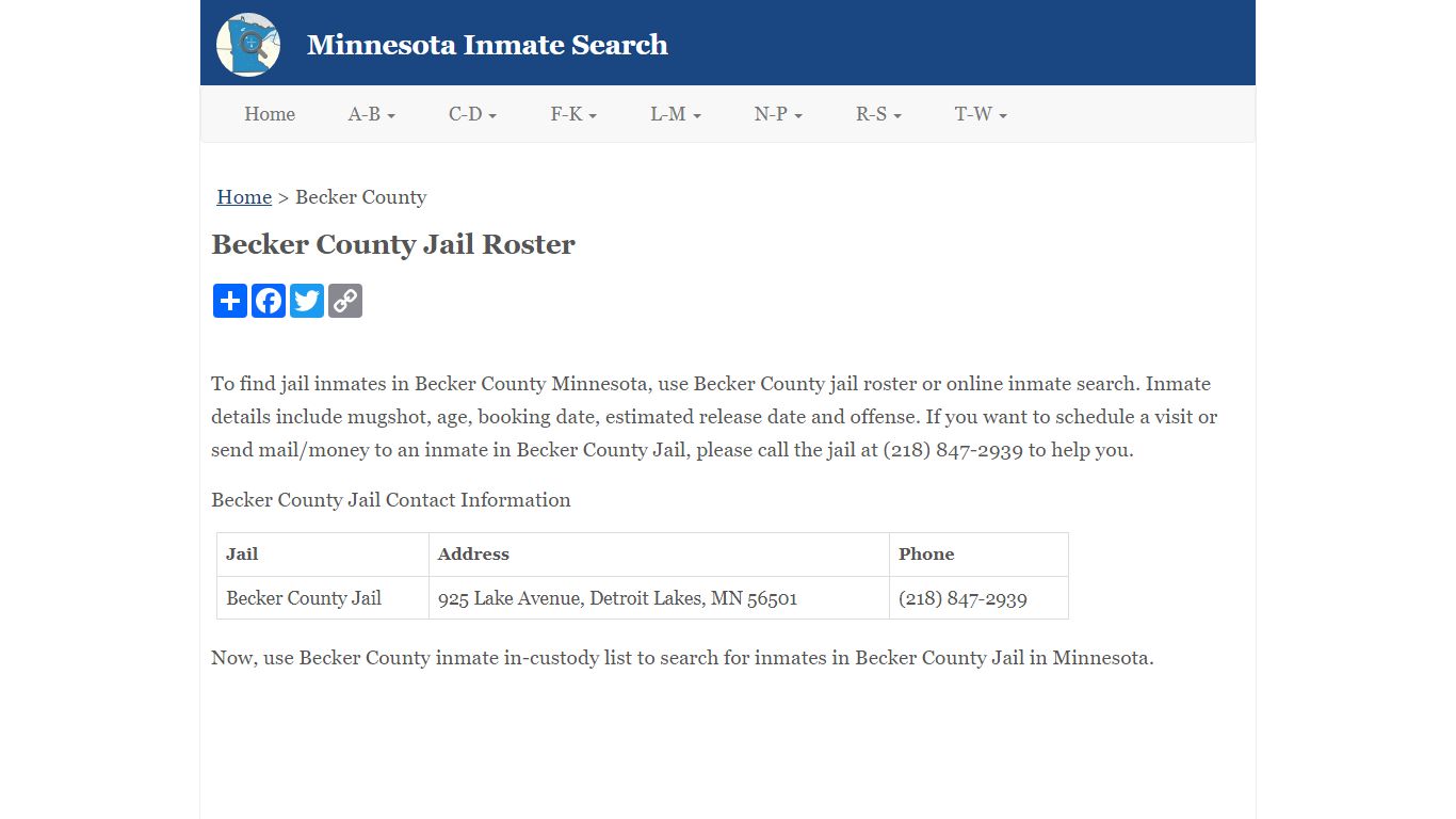 Becker County Jail Roster - Minnesota Inmate Search
